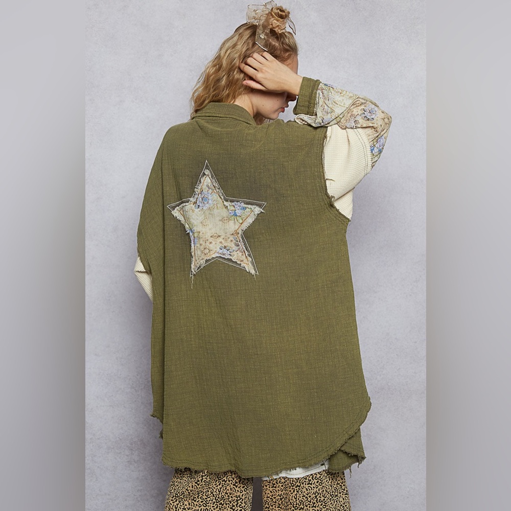 POL peace star patchwork shackets lightweight but… - image 4